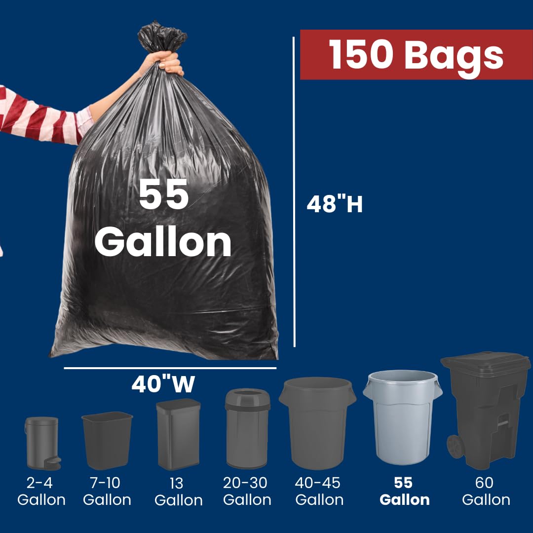 55 Gallon High Density Bags - 16 Micron - 150/Case - Black