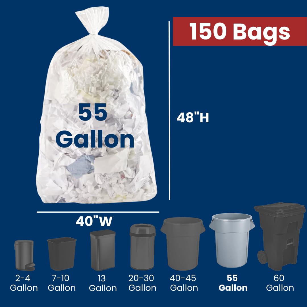 55 Gallon High Density Bags - 16 Micron - 150/Case - Clear