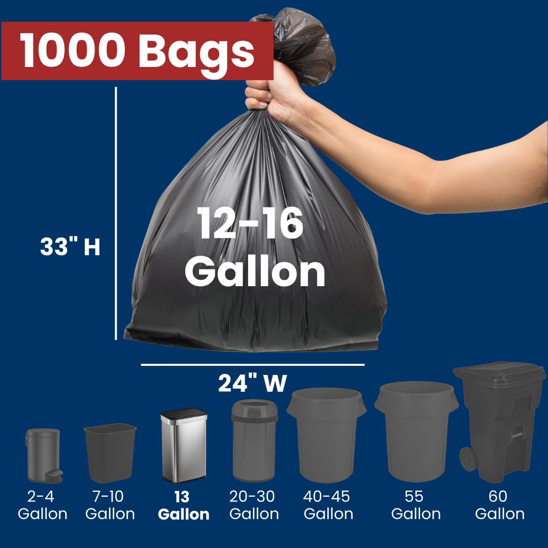 12-16 Gallon High Density Bags - 8 Micron - 1000/Case - Black