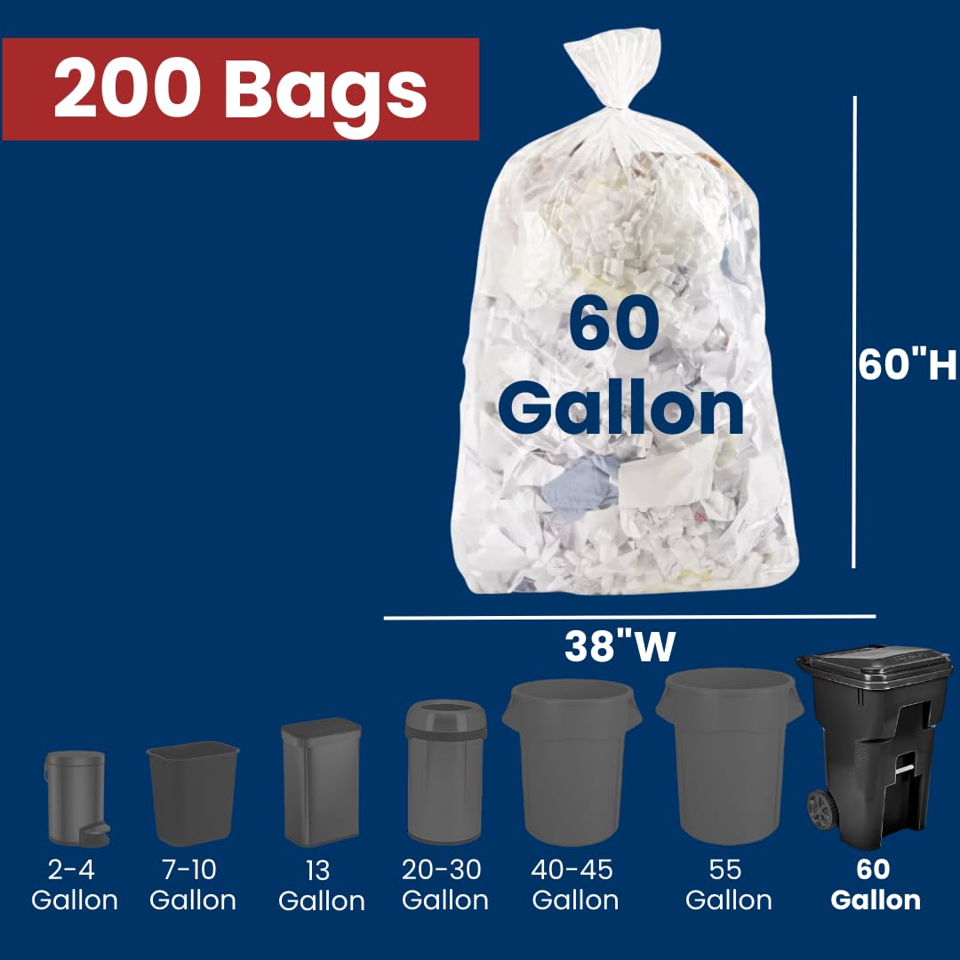 60 Gallon High Density Bags - 22 Micron - 200/Case - Clear