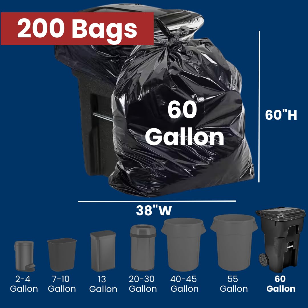 60 Gallon High Density Bags - 22 Micron - 200/Case - Black
